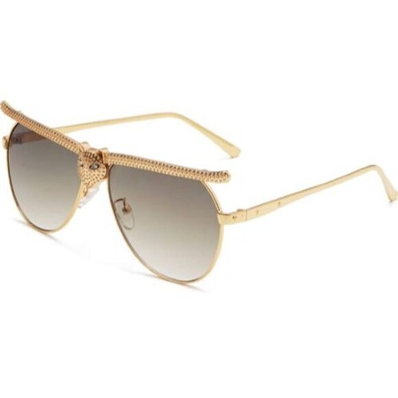 Rhinestone Cat Head Aviator Sunglasses Fashion Womens Gold  Brown Resort Glam - Picture 2 of 6